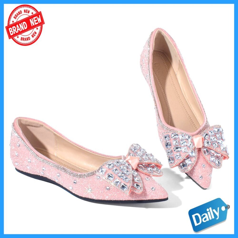 Pointed Toe Flats Diamond Bow Sequin Slip On Comfortable Lightweight Dress Shoes